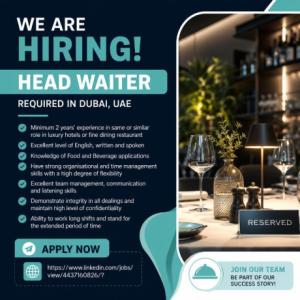 Head Waiter Required in Dubai