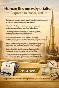 Human Resources Specialist Required in Dubai