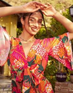 AED 50, Orange Floral Front Tie Knot Playsuit By Sassafras